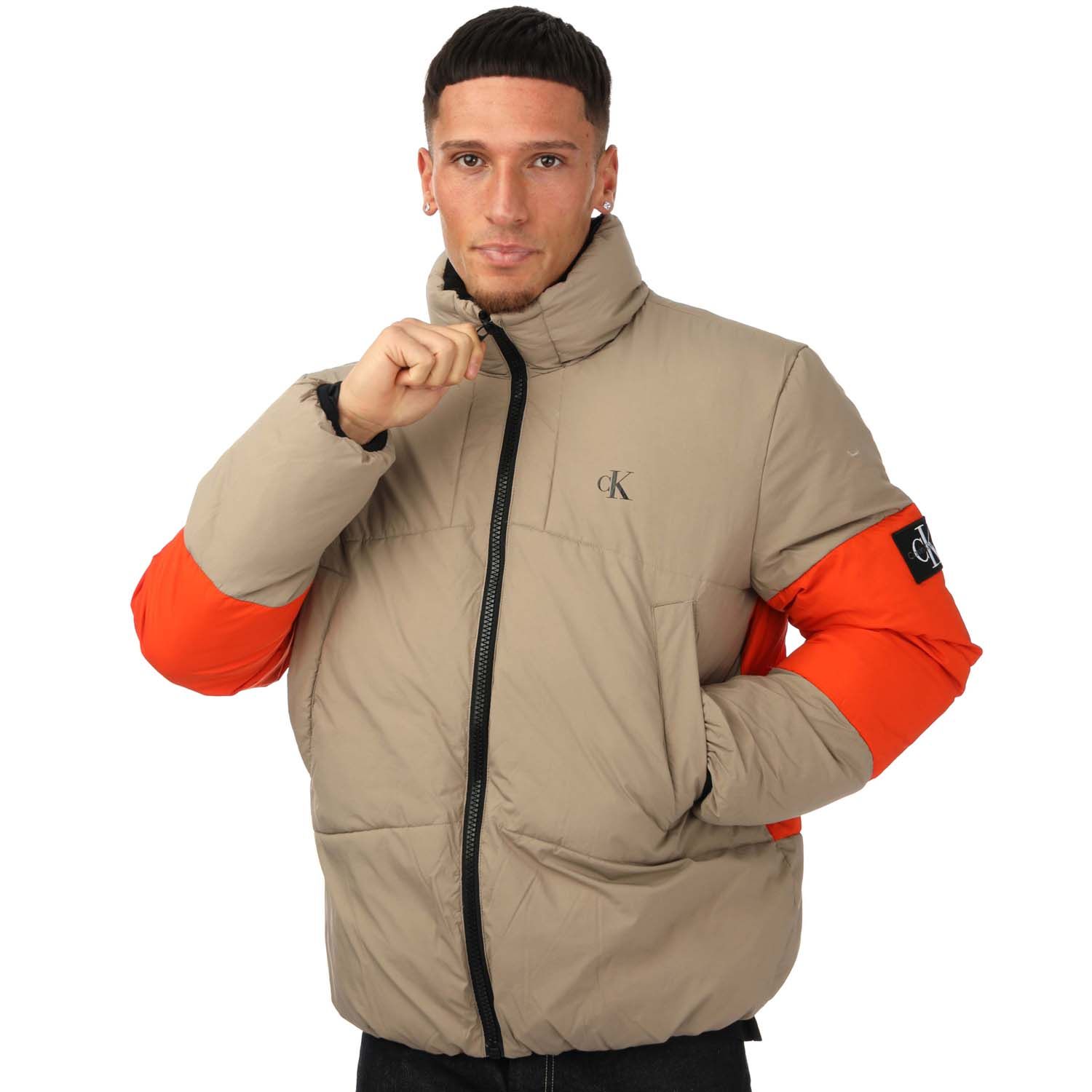 Beige Calvin Klein Mens Colour Block Puffer Jacket - Get The Label