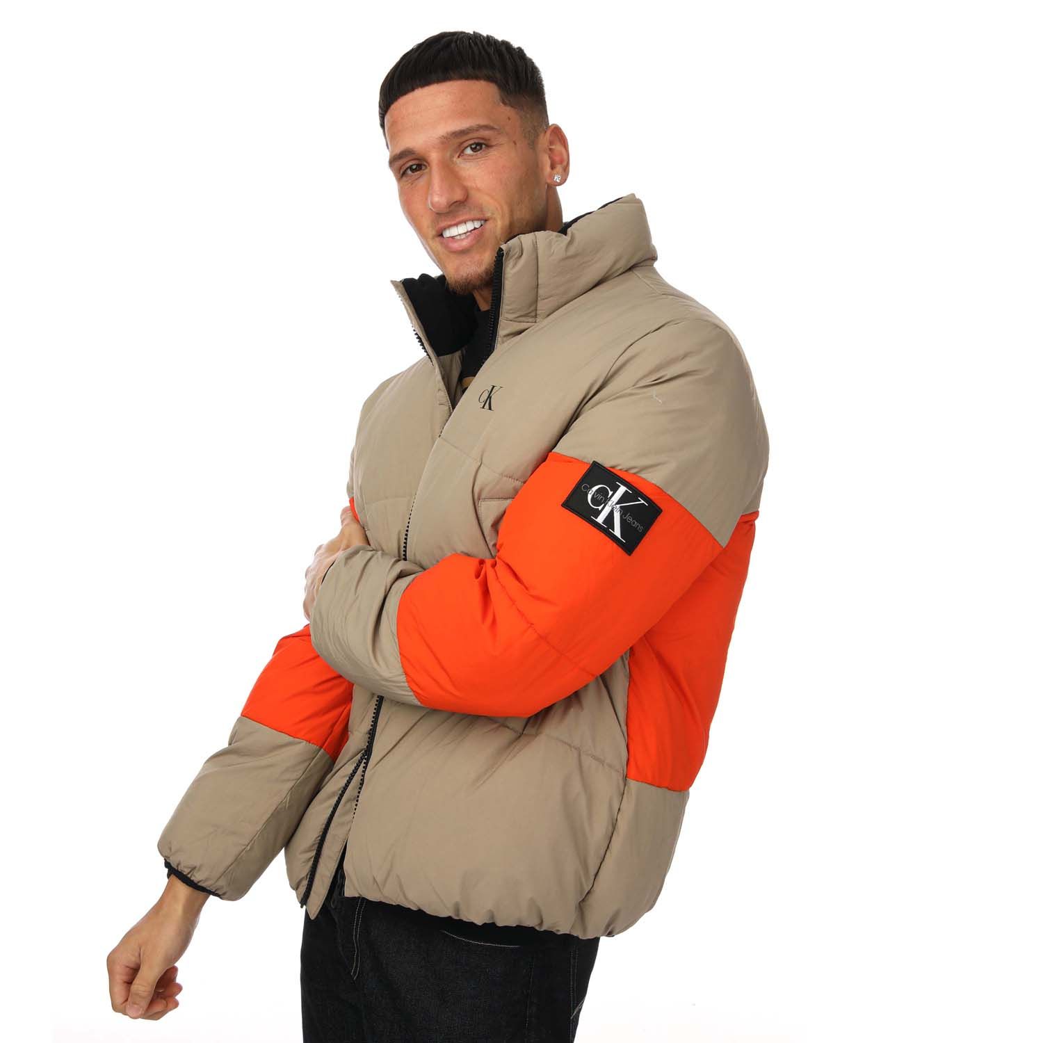 Beige Calvin Klein Mens Colour Block Puffer Jacket - Get The Label