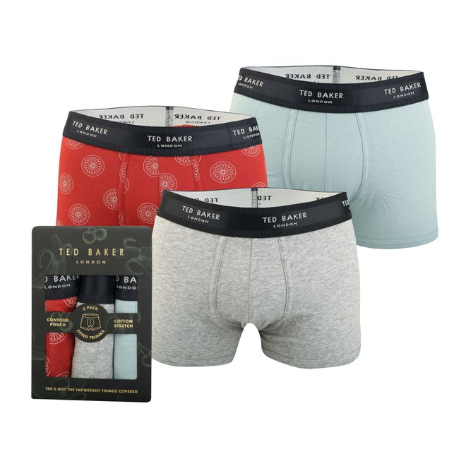 Grey red Ted Baker Mens Three Pack Cotton Fashion Trunk - Get The Label