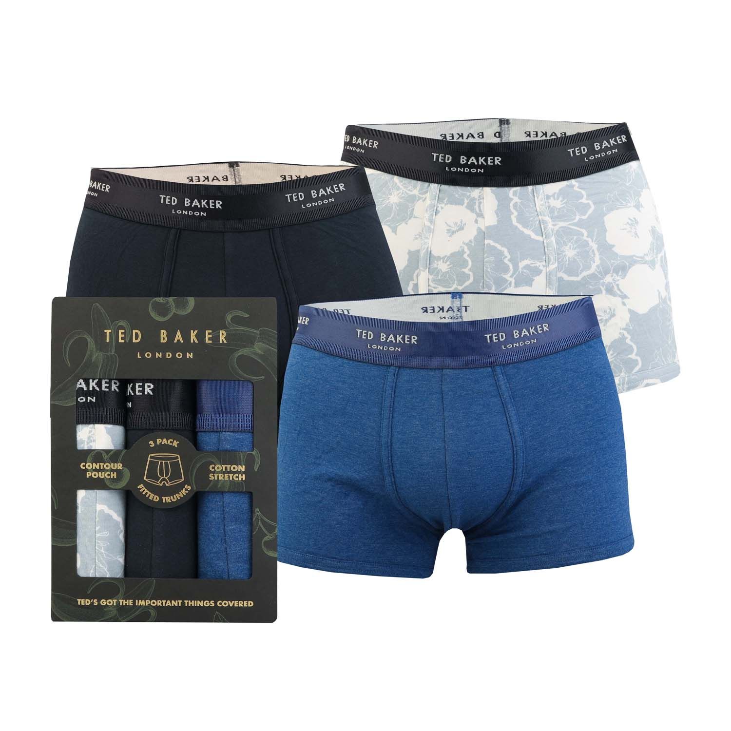 blue navy Ted Baker Mens Three Pack Cotton Fashion Trunk - Get The Label