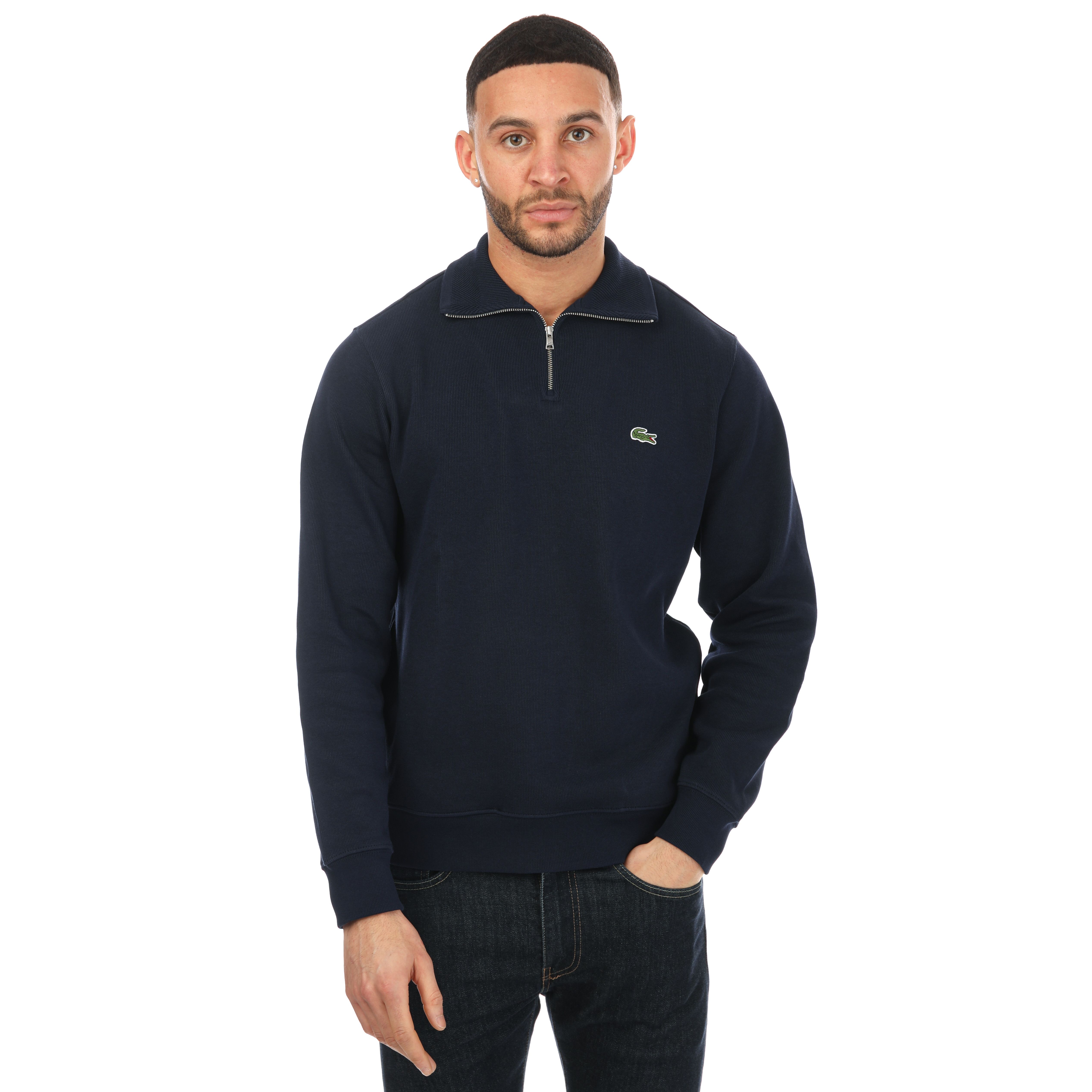 Lacoste Mens Zippered Stand-Up Collar Cotton Sweatshirt Size Medium in Blue