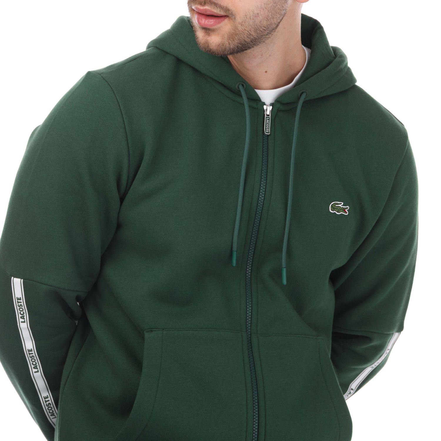 Green Lacoste Mens Branded Bands Zippered Fleece Hoody - Get The Label