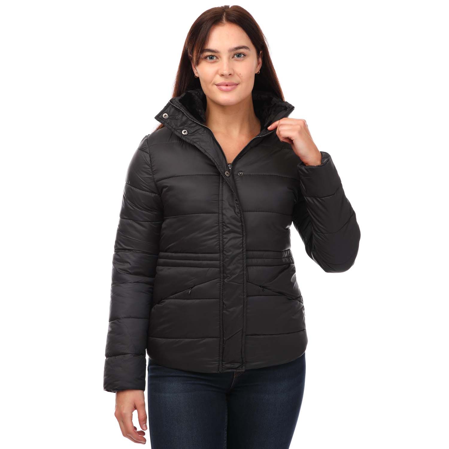 Black Elle Womens Padded Jacket with Inner Fur Collar - Get The Label