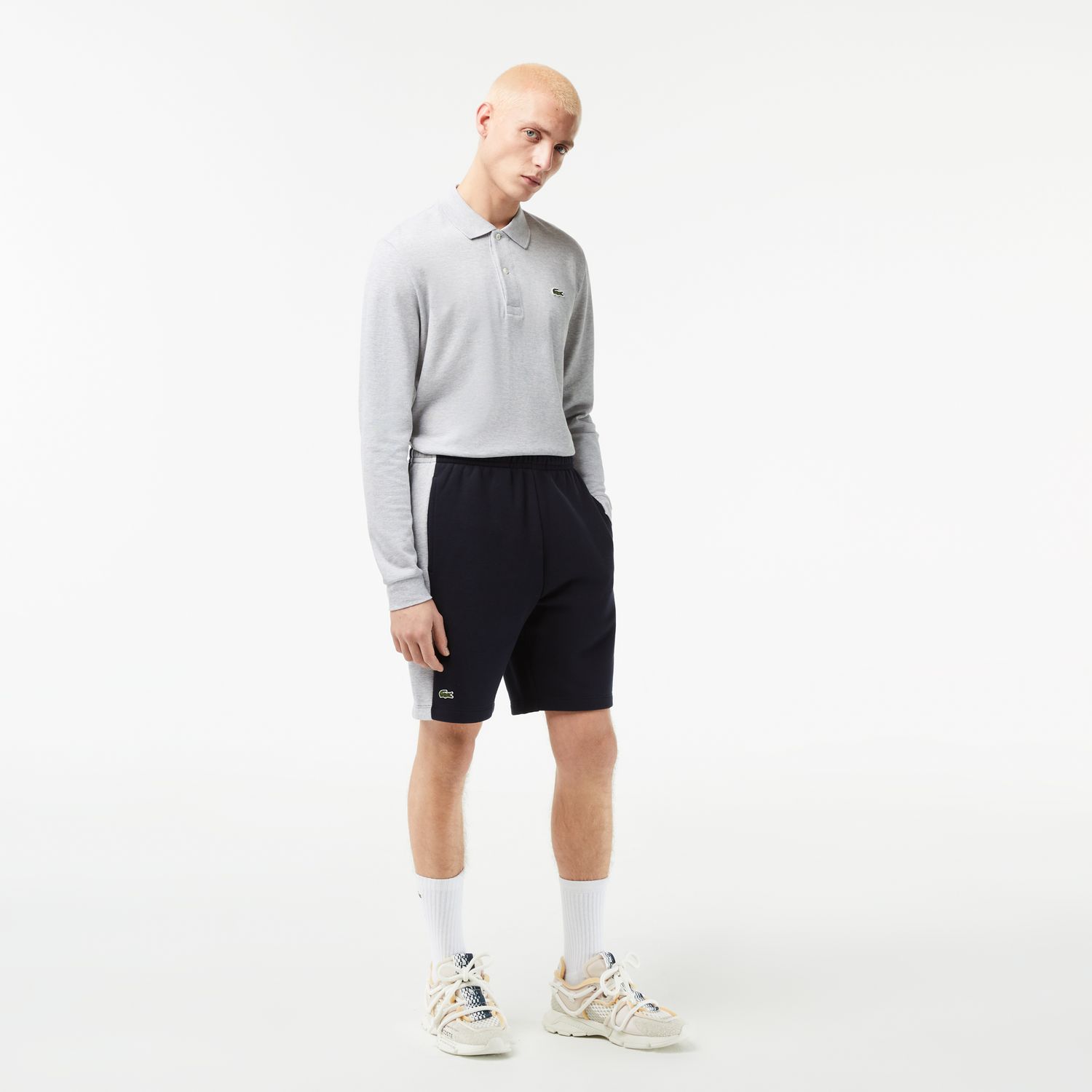 Navy Grey Lacoste Mens Cotton Fleece Colourblock Shorts - Get The Label