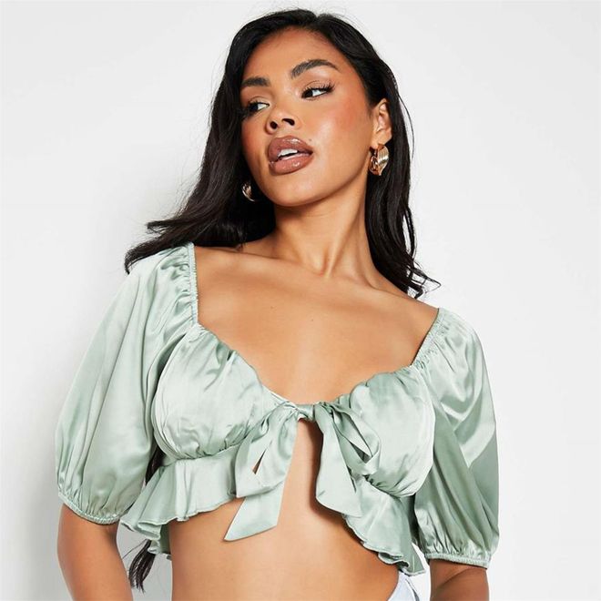 Satin Tie Front Puff Sleeve Crop Blouse