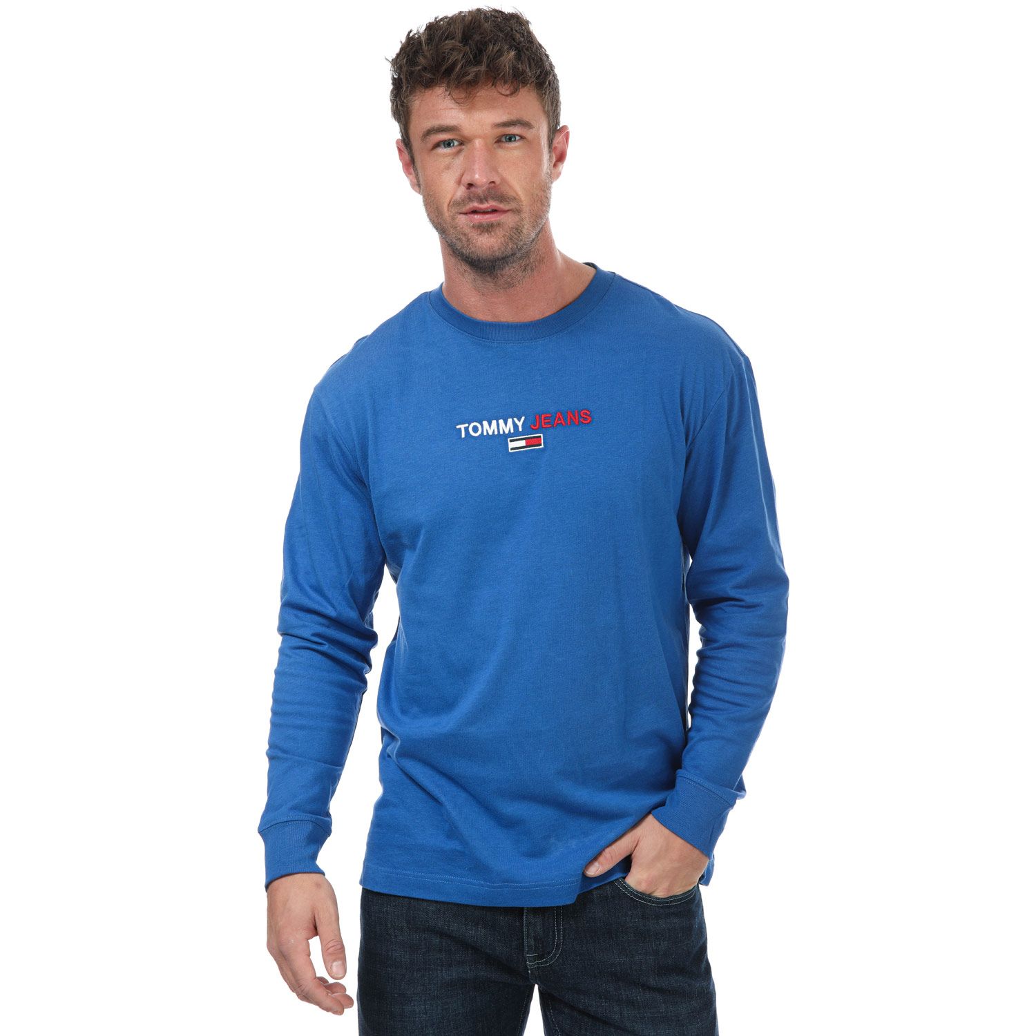 Men's Tommy Hilfiger Contrast Linear Logo Long Sleeve  T-Shirt in Blue 