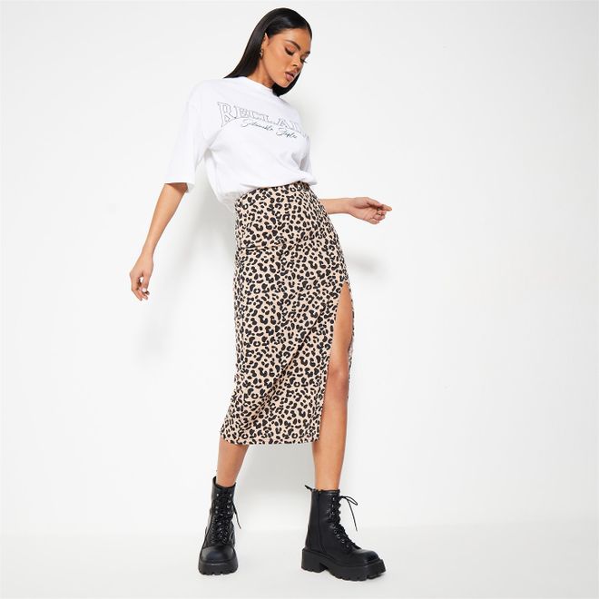 Leopard Print Rib Midi Skirt