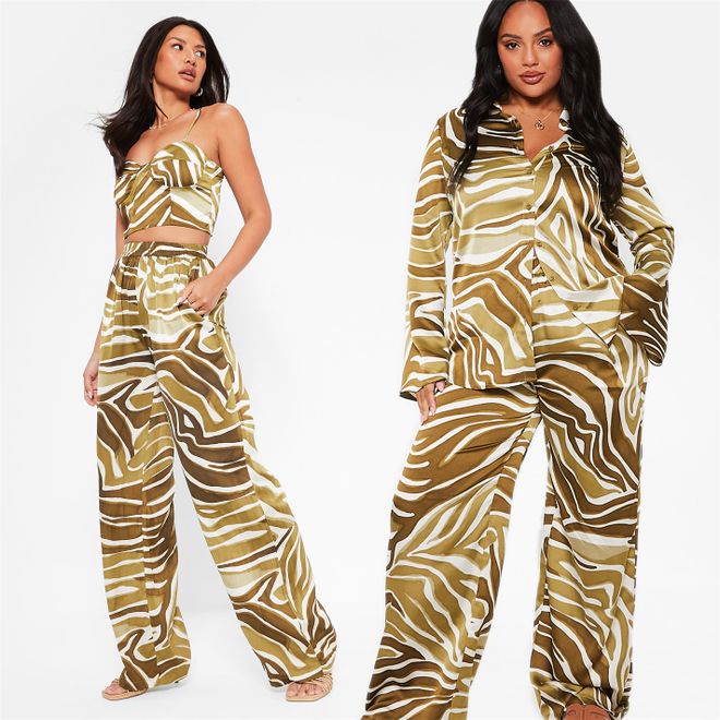 Printed Wide Leg Satin Trousers Co Ord
