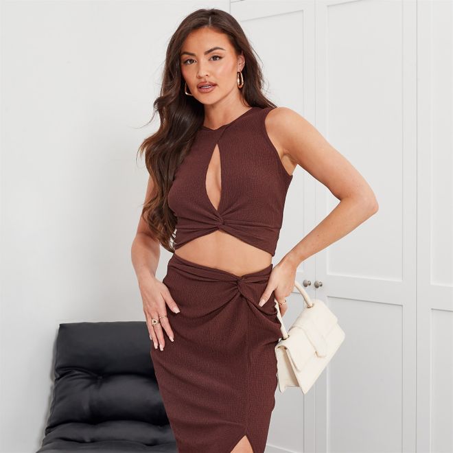 Textured Twist Front Cut Out Crop Top Co Ord