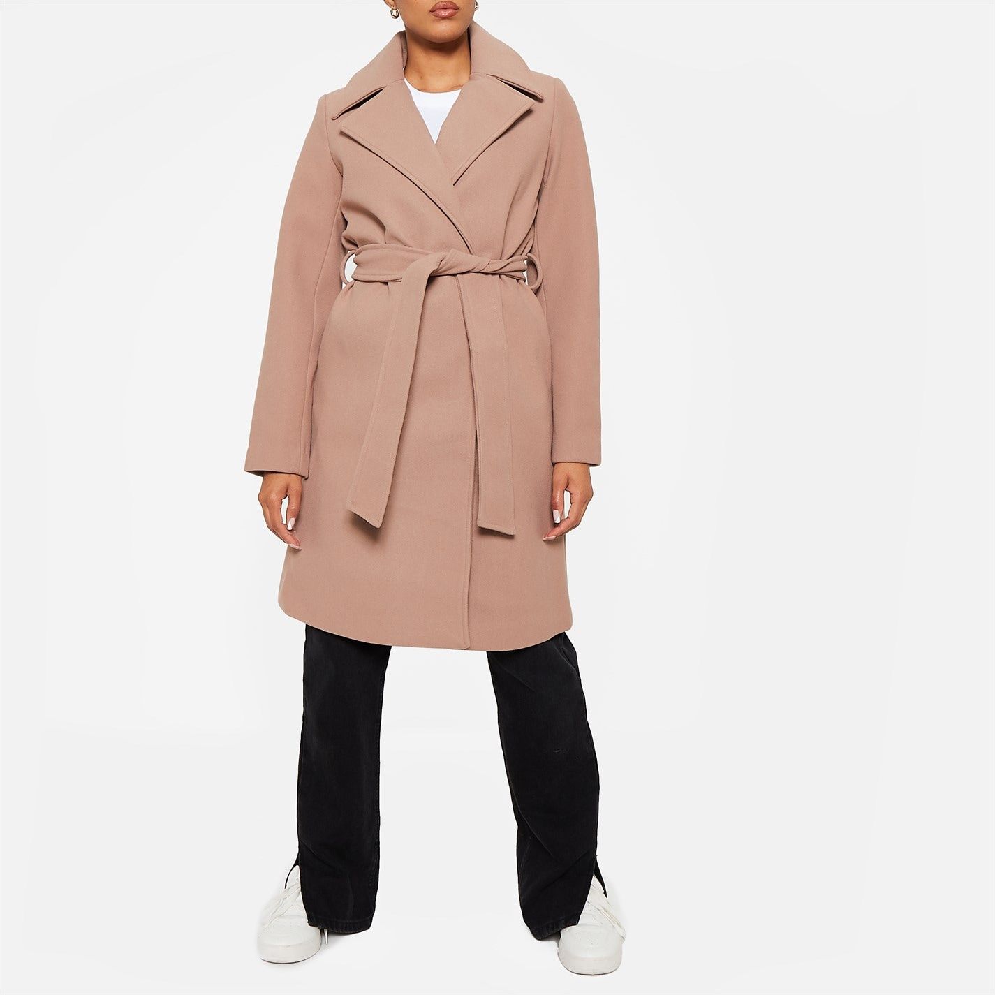 I Saw It First Faux Wool Lined Belted Formal Coat in Brown