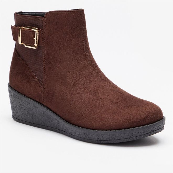 Ultimate Comfort Faux Suede Buckle Detail Brown Wedge Ankle Boots