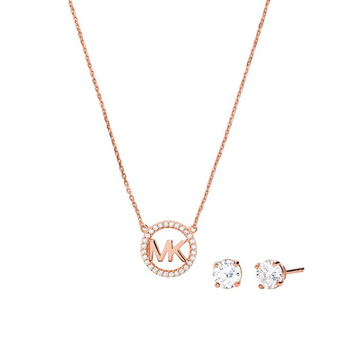 Gold Plated Pave Logo Charm Necklace And Stud Earring Set