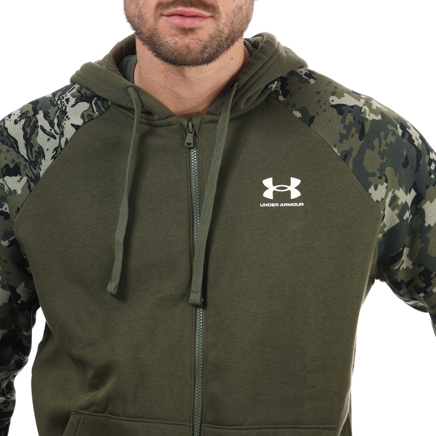 Under Armour Hommes UA Rival Polaire Camo Script Pull Green sport fitness 
